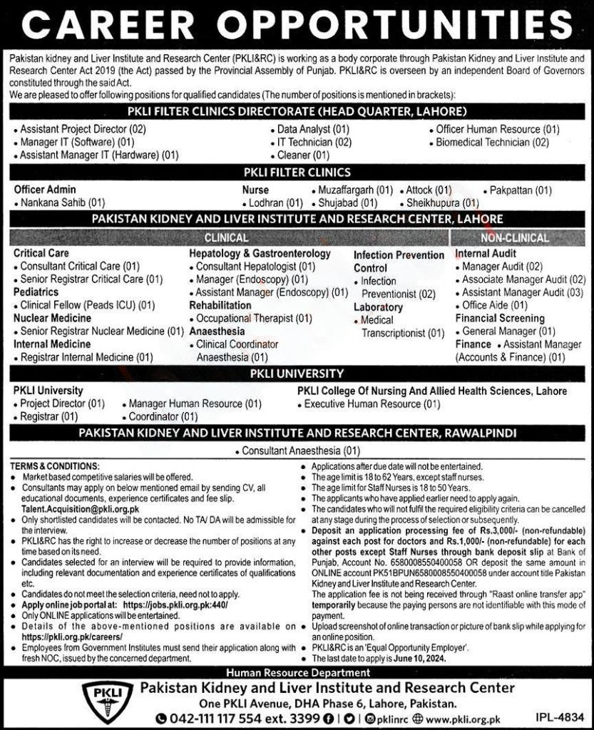 Latest jobs in Pakistan Kidney and Liver Institute Lahore 2024